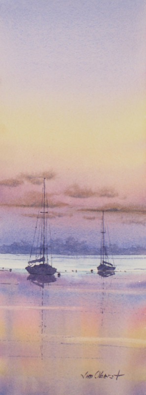 seascape, sea, boat, sailboat, evening, twilight, sundown, original watercolor painting, oberst